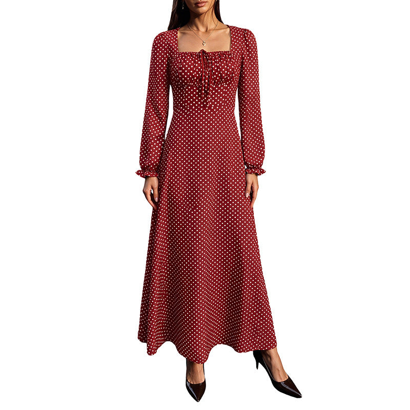 Women’s Retro Maxi Dress with Square Neckline, Ruched Bust Area and Long Sleeves Chichicherry