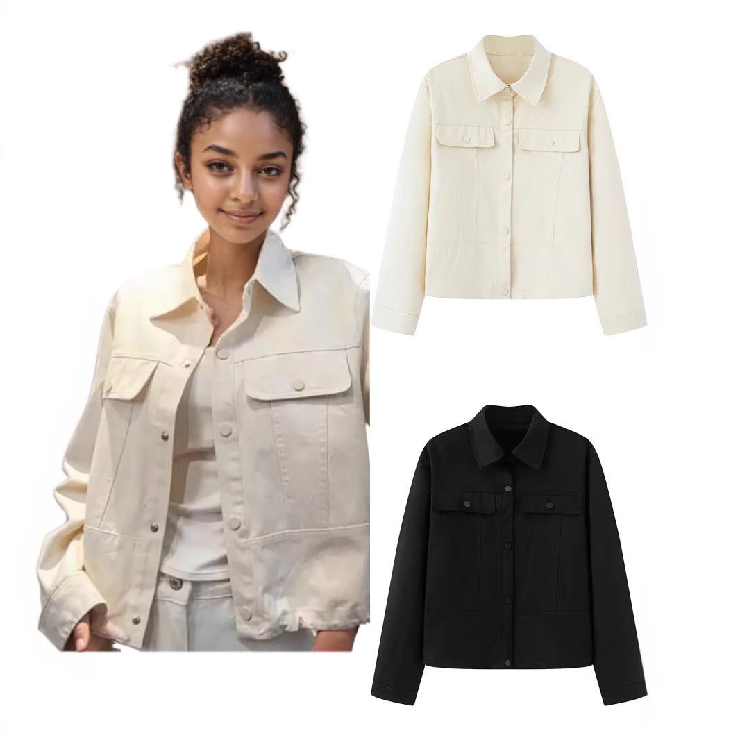 Women Short Cut Boxy Overshirt Jacket in Vegan Leather Look with Flap Pockets and Snap Button Closure Chichicherry