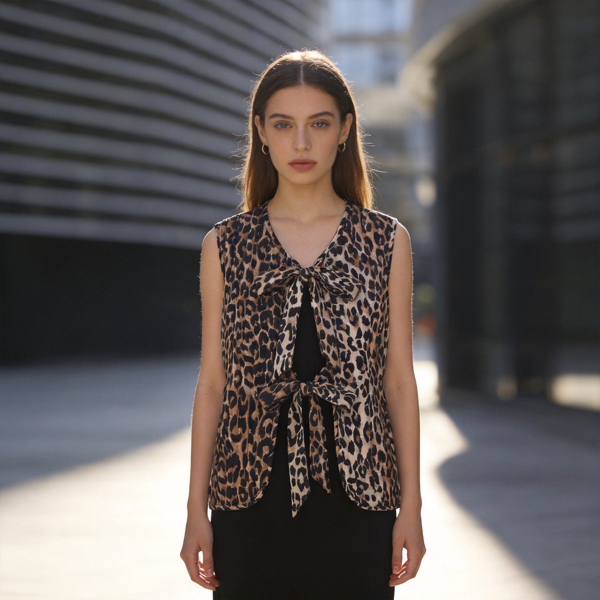 Women's Sleeveless Satin Blouse Top with Leopard Print and Double Bow Front Chichicherry