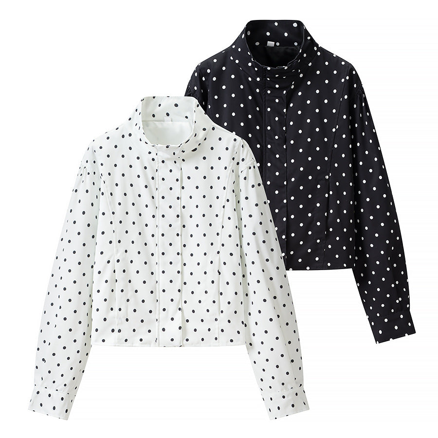 Women Polka Dot Short Jacket with Stand Collar and Concealed Snap Button Placket Chichicherry