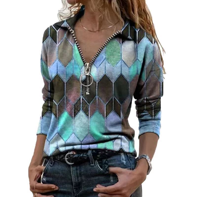 Women's zip pullover with polo collar, graphic diamond print and slim fit Chichicherry