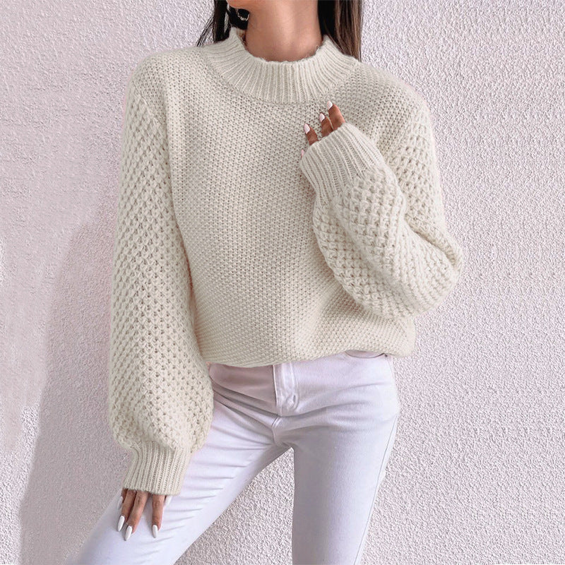Women's Short-Cut Chunky Knit Sweater with Voluminous Mesh-Structure Sleeves and Stand-Up Collar Chichicherry