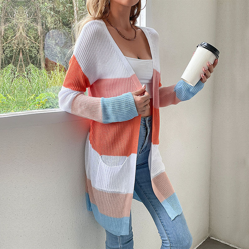 Women's Long Block Stripe Knit Cardigan with Open Cut, Pockets, and Light Ajour Structure Chichicherry