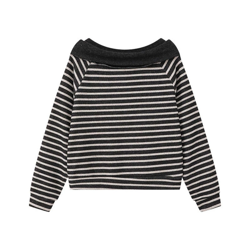 Women's Knitted Short Sweater with Off-Shoulder Cut, Bow Detail and Horizontal Striped Pattern Chichicherry