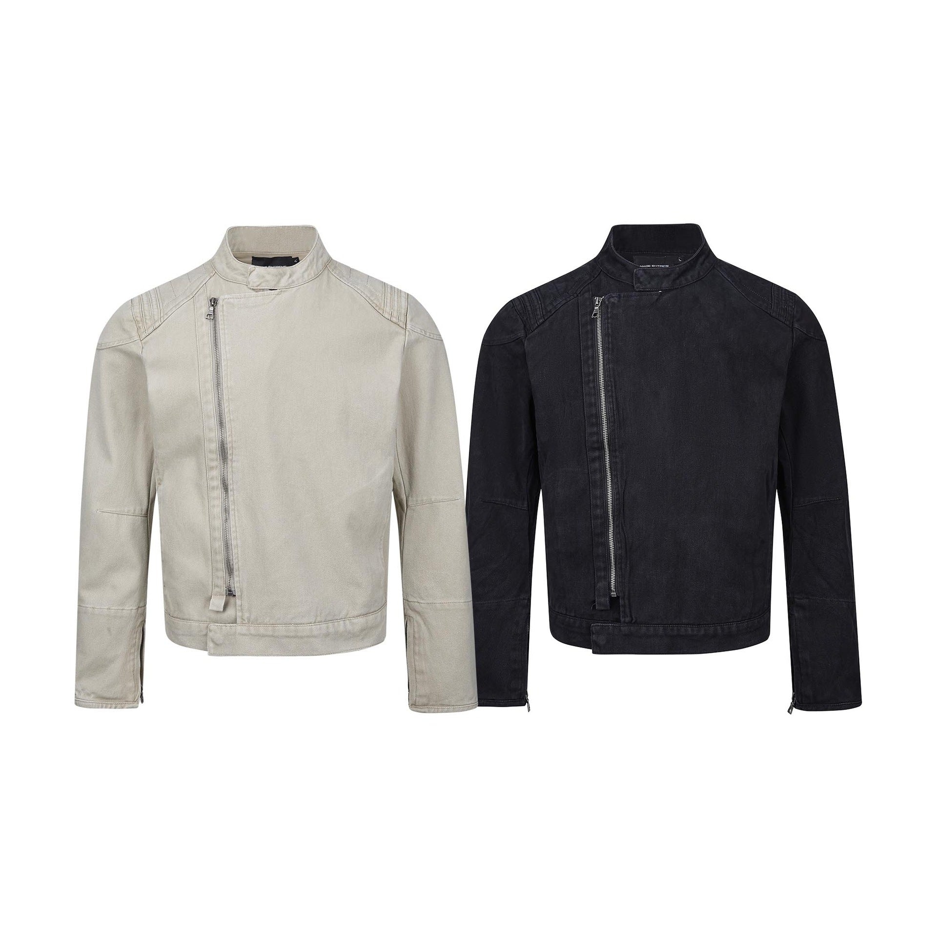 Men's short-cut asymmetric canvas biker jacket with funnel collar and zipper detail Chichicherry