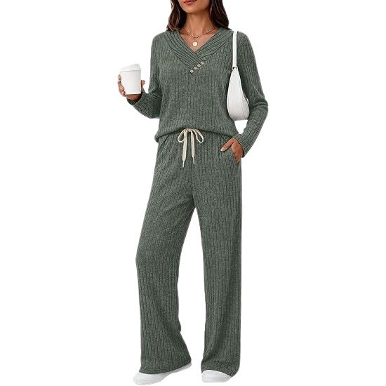 Women's Soft Ribbed Lounge Set with V-Neck and Drawstring Waist