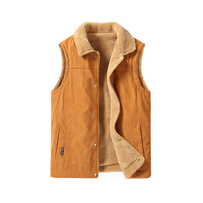 Men's Sleeveless Cord Utility Vest with Teddy Lining and Snap Button Front Chichicherry