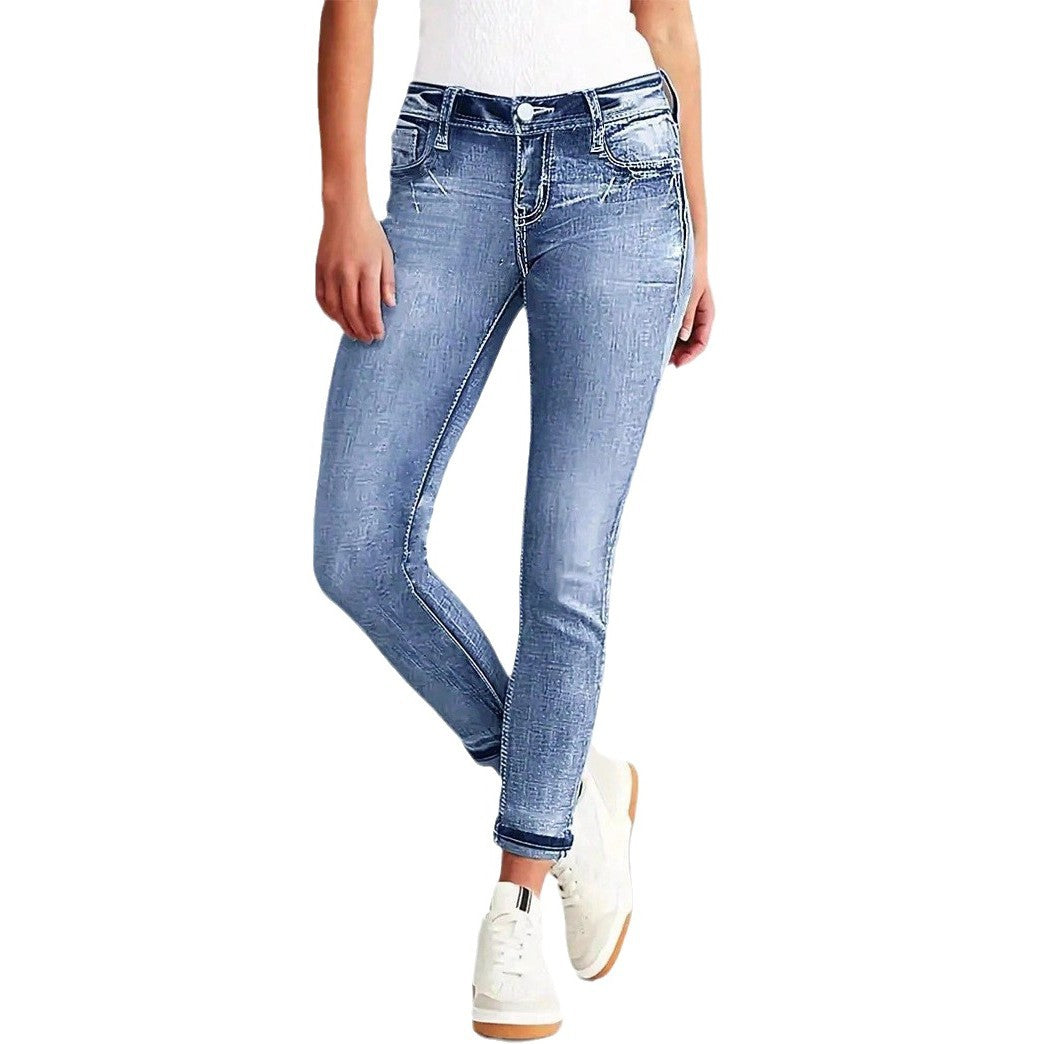 Women Ankle-Length Slim-Fit Stretch Jeans with Subtle Used Wash and Sculpting Waistband Chichicherry