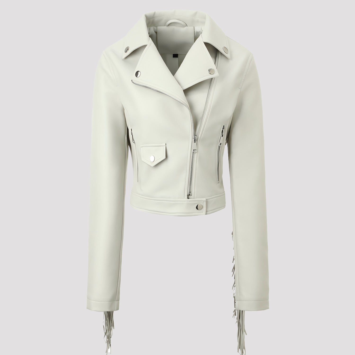 Women's short motorcycle jacket in leather look with fringe sleeves and asymmetrical zipper Chichicherry