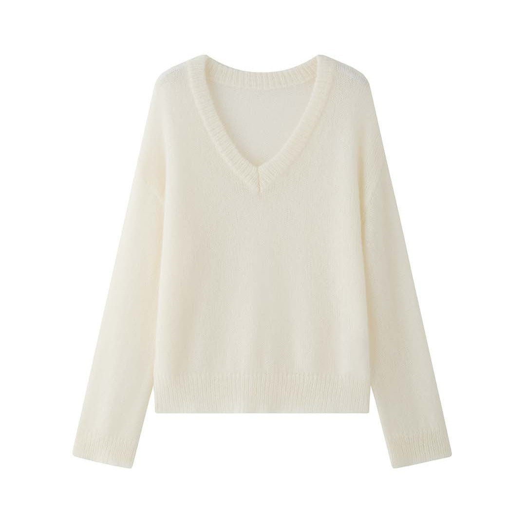 Women Oversize Mohair-Mix V-Neck Pullover with Extra Wide Sleeve Chichicherry