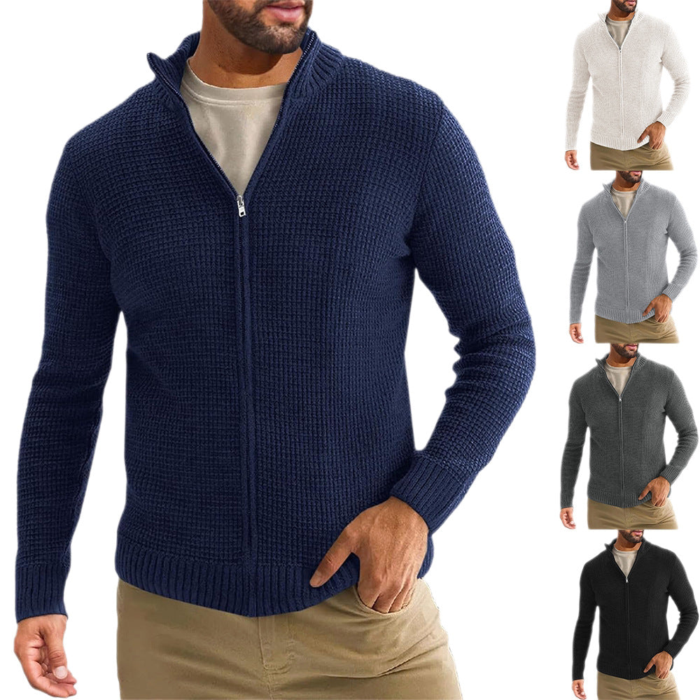 Men's Zip-Up Cardigan with Waffle Texture and Stand-Up Collar Chichicherry