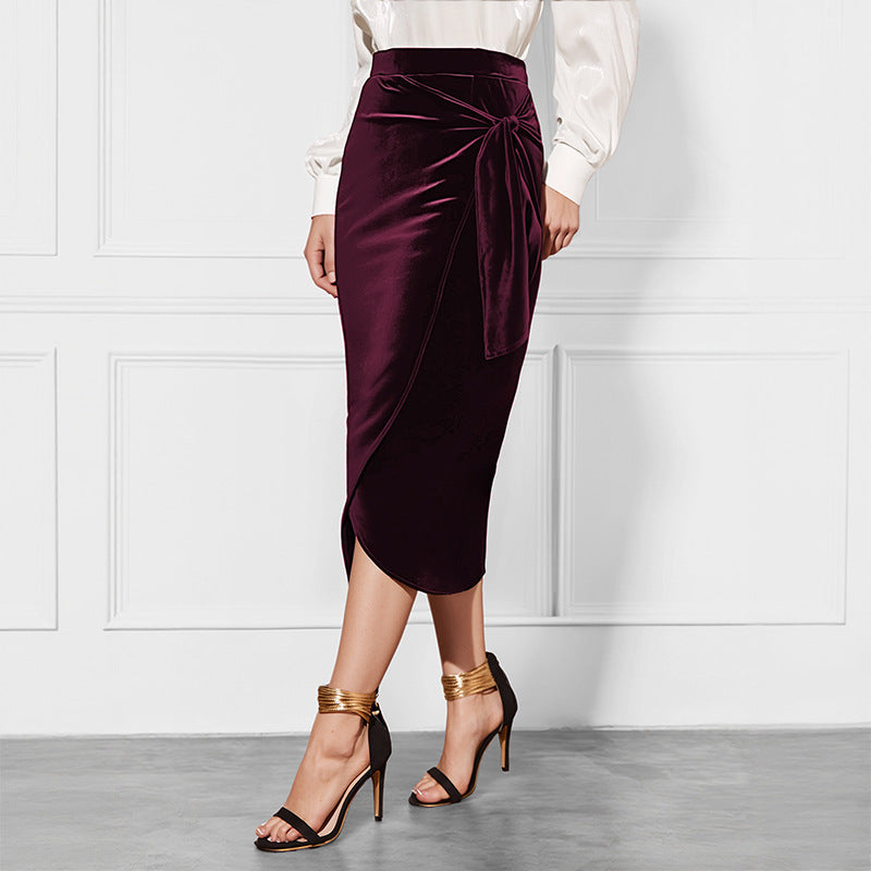 Women's midi skirt made of velvet with wrap look and knot detail