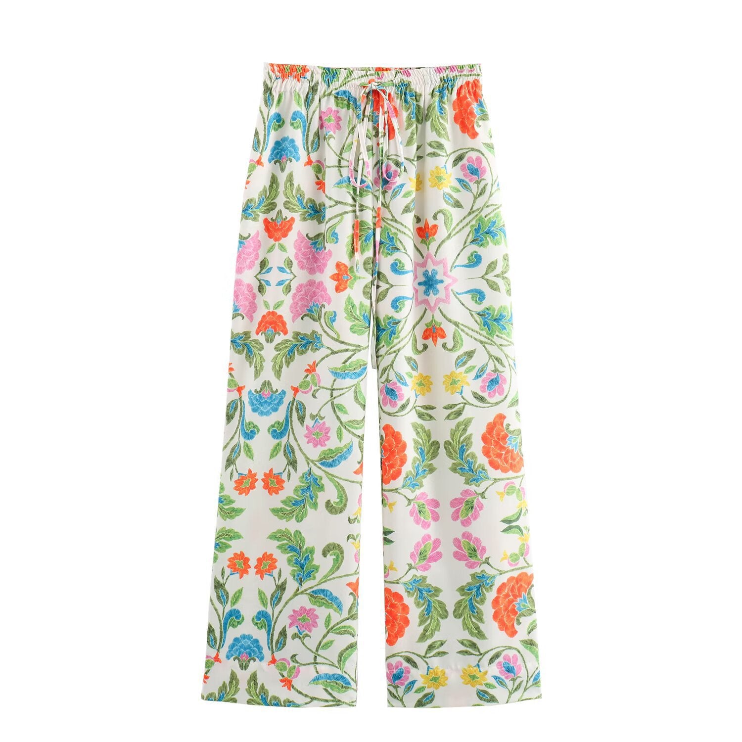 Women's wide palazzo pants with drawstring waistband and floral embroidery look Chichicherry