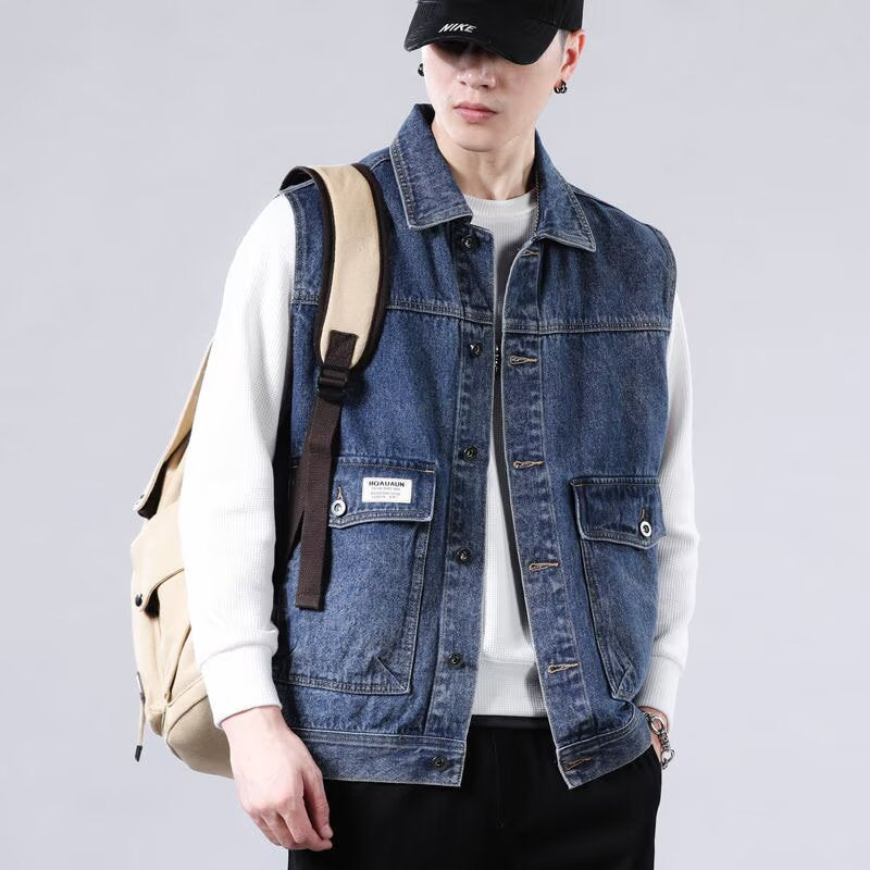 Herren Ärmellose Jeans-Workerweste mit Pattentaschen und kastiger Passform Chichicherry