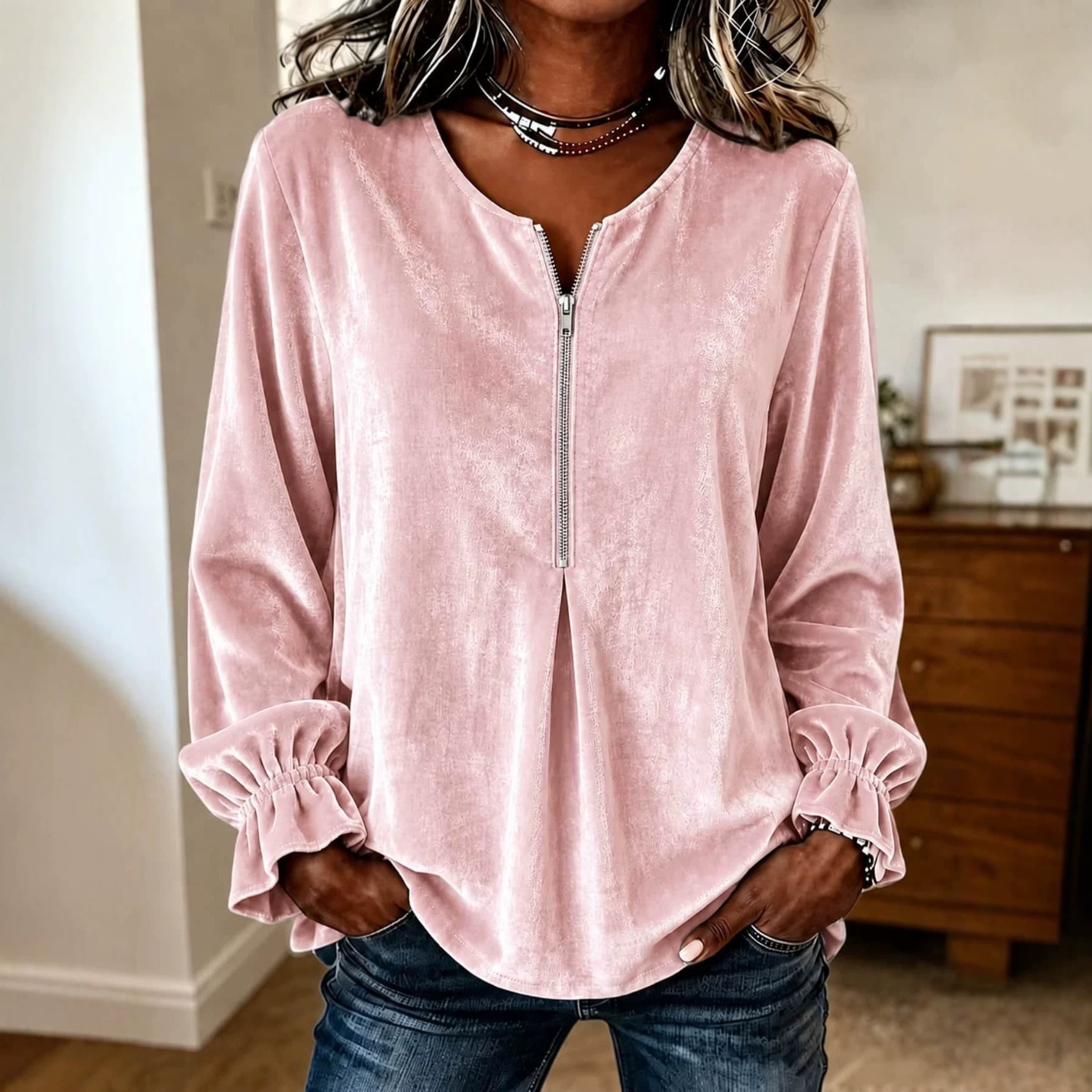 Women’s velvet blouse with half zip, ruffle cuffs, and A-line cut Chichicherry