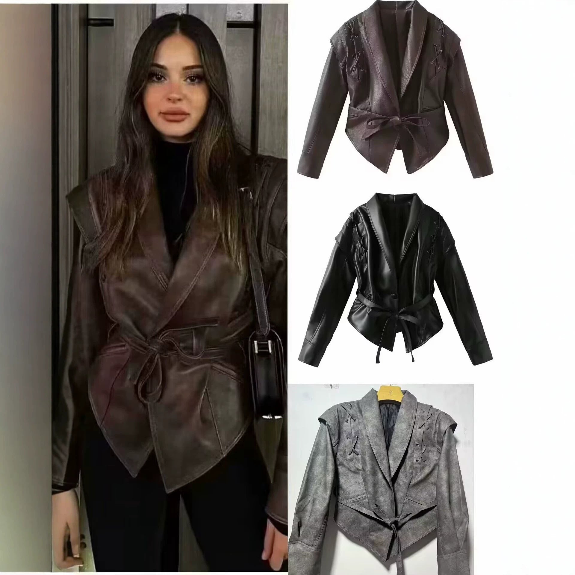 Women's short jacket made of suede imitation with wrap belt and lacing details Chichicherry