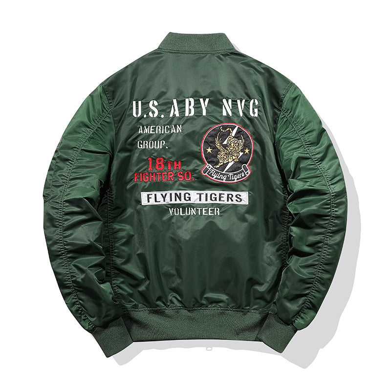 Men's pilot bomber jacket in vintage military style with embroidered patches and utility arm pocket Chichicherry