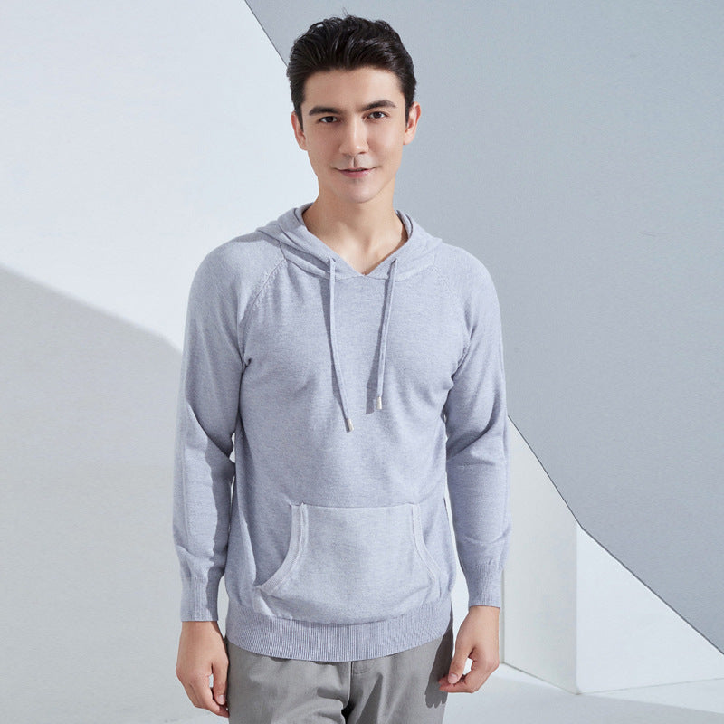 Men's Lightweight Hooded Fine Knit Sweater with Kangaroo Pocket and Raglan Sleeves Chichicherry