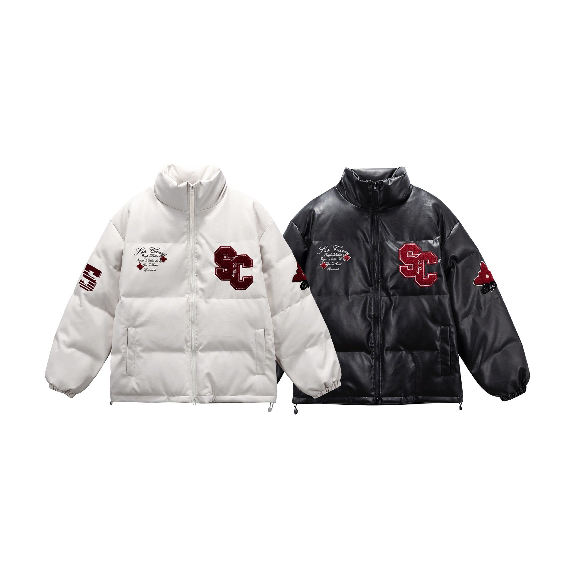 Unisex Short padded college puffer jacket with high stand-up collar, appliqués and drawstring hem Chichicherry