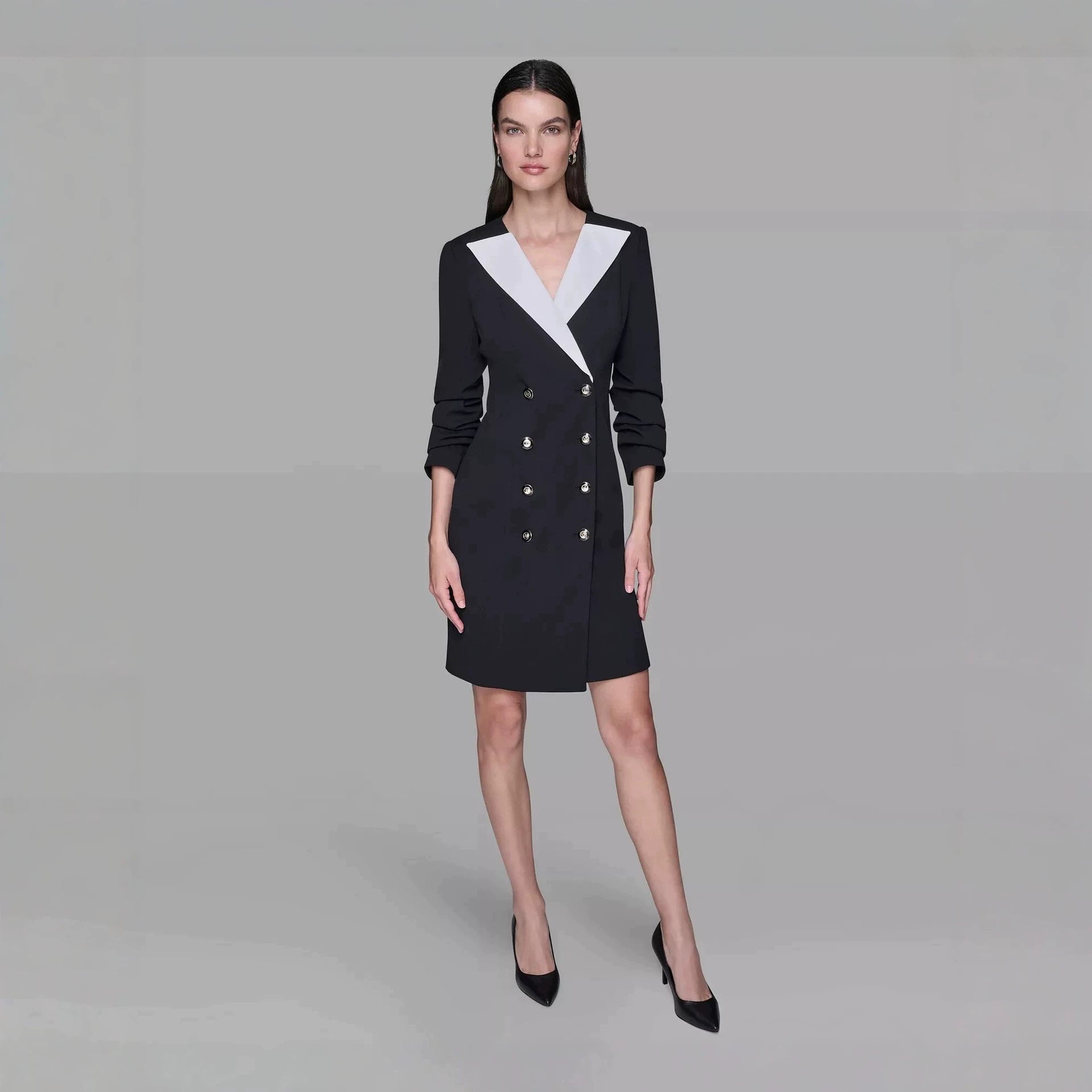 Ladies Double-Breasted Blazer Dress with Contrasting Shawl Collar Chichicherry
