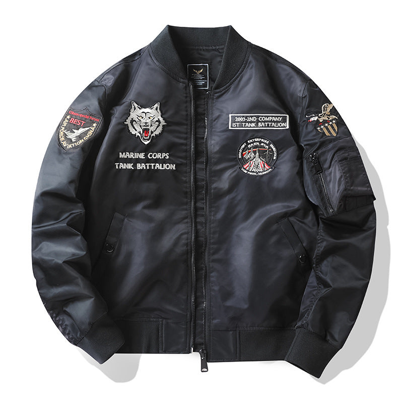 Men's pilot bomber jacket in flight style with embroidered tank motif and sleeve pocket Chichicherry