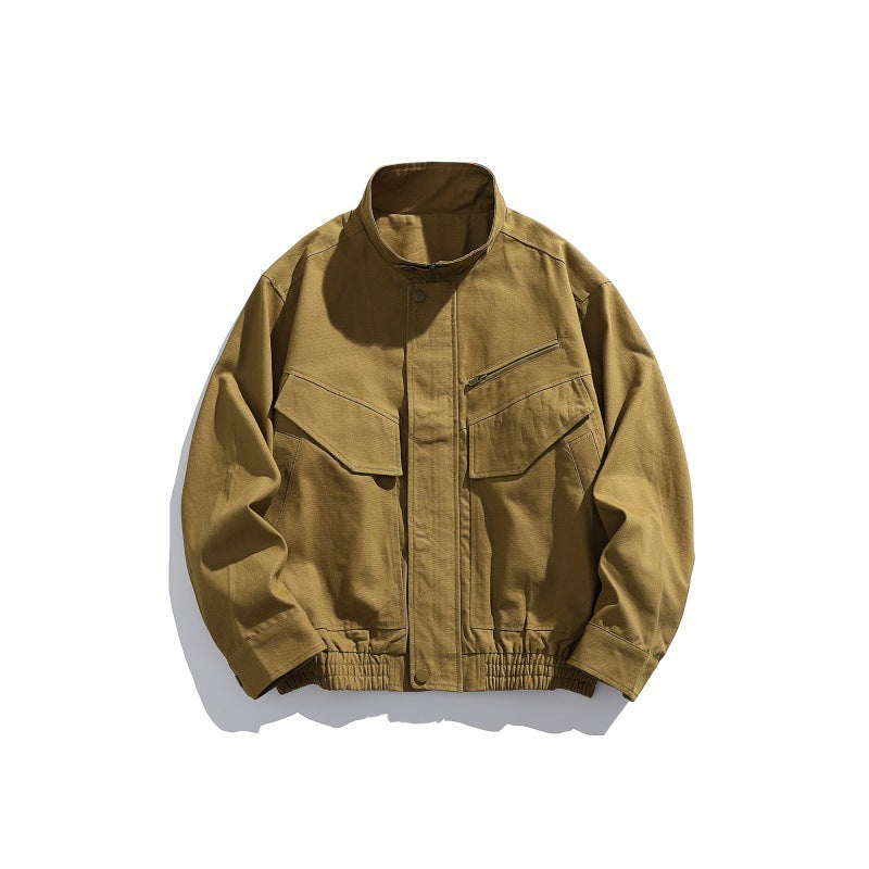 Men's Oversized Canvas Field Blouson with Utility Pockets and Stand-up Collar Chichicherry