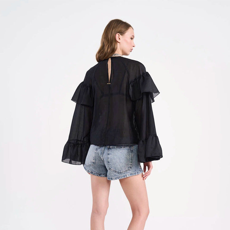 Women's Transparent Ruffle Blouse with Double Ruffle and Bell Sleeves Chichicherry