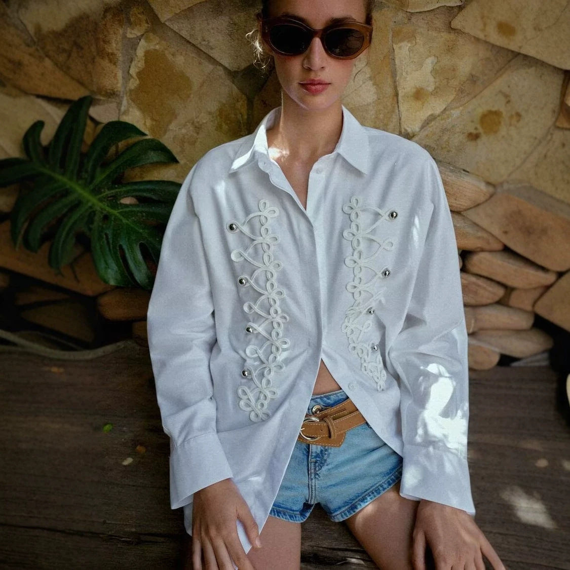 Women Oversized Shirt Blouse with Decorative Drawstrings and Metal Buttons Chichicherry