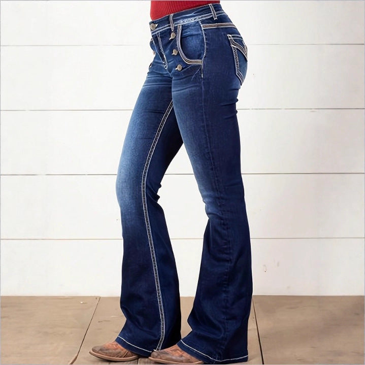 Women's High-Waisted Flared Jeans with Decorative Metal Buttons and Contrast Stitching Chichicherry