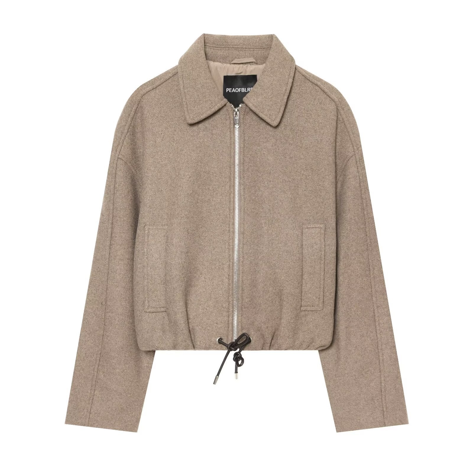 Women's short wool blend jacket with front zipper and drawstring hem Chichicherry