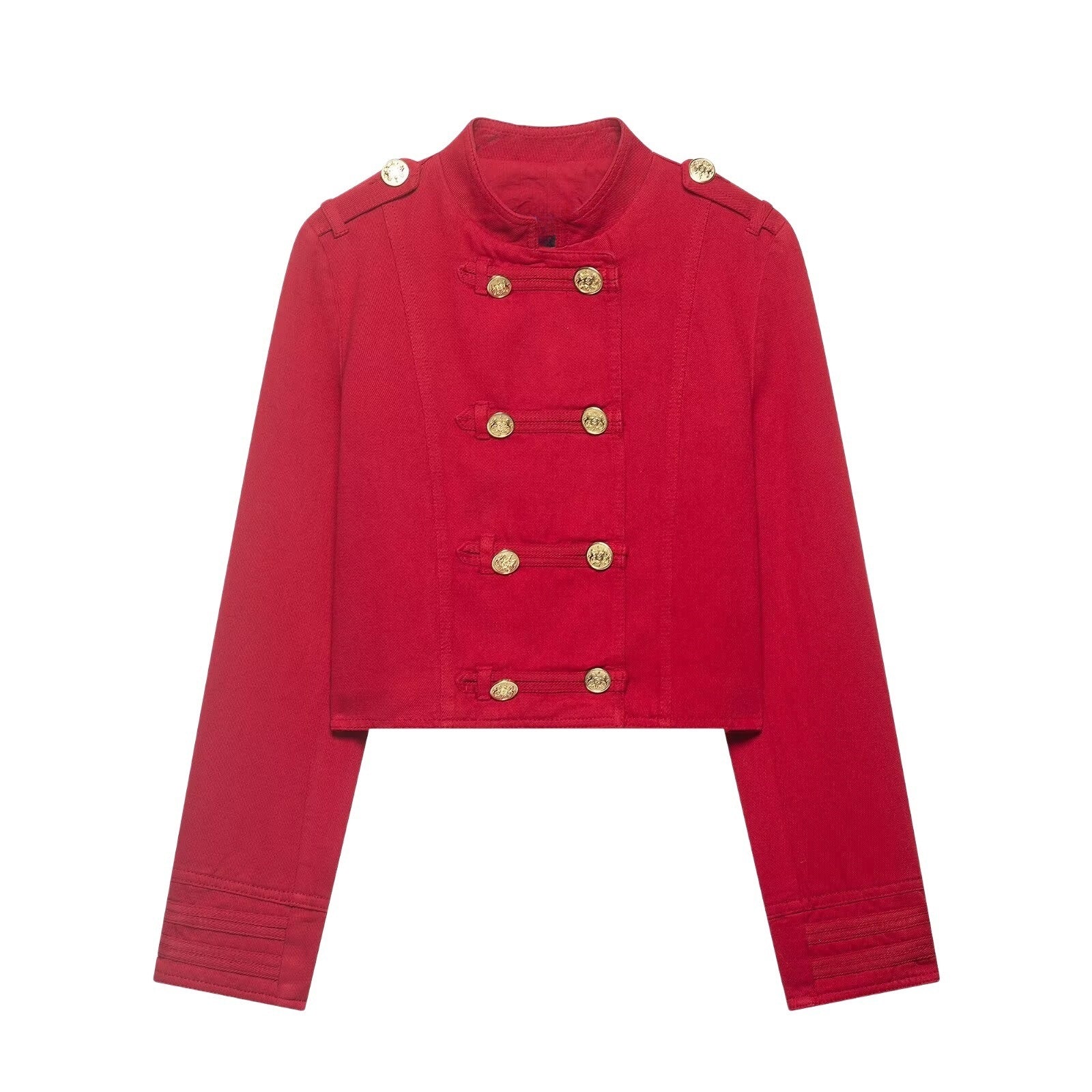 Women Short Military Jacket in Cropped Cut with Stand-up Collar and Golden Decorative Buttons Chichicherry