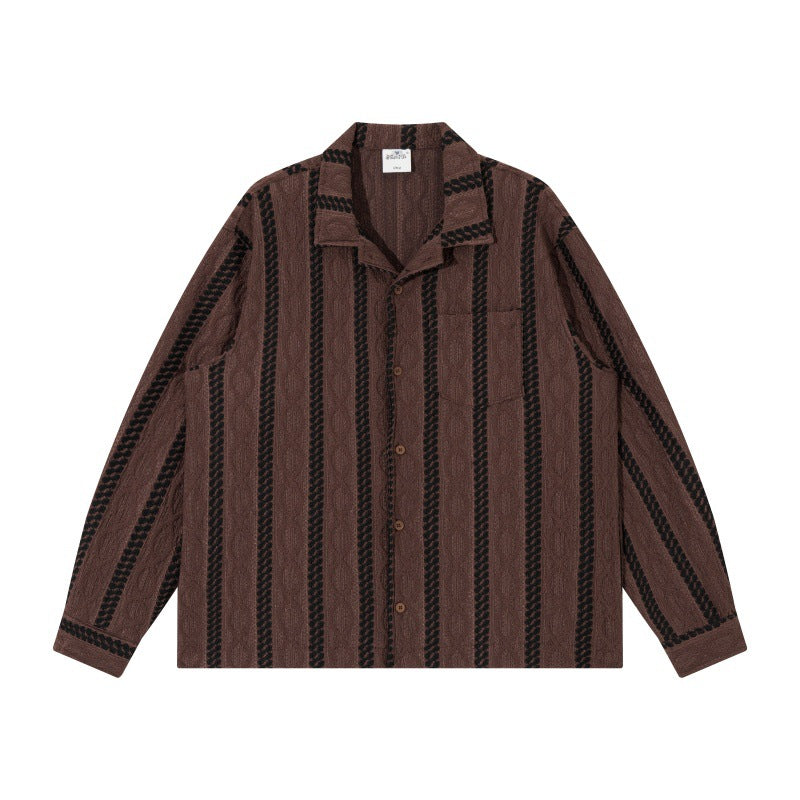 Unisex Lightweight Shirt Jacket with Camp Collar, Relaxed Fit and Vertical Braid Stripe Pattern Chichicherry
