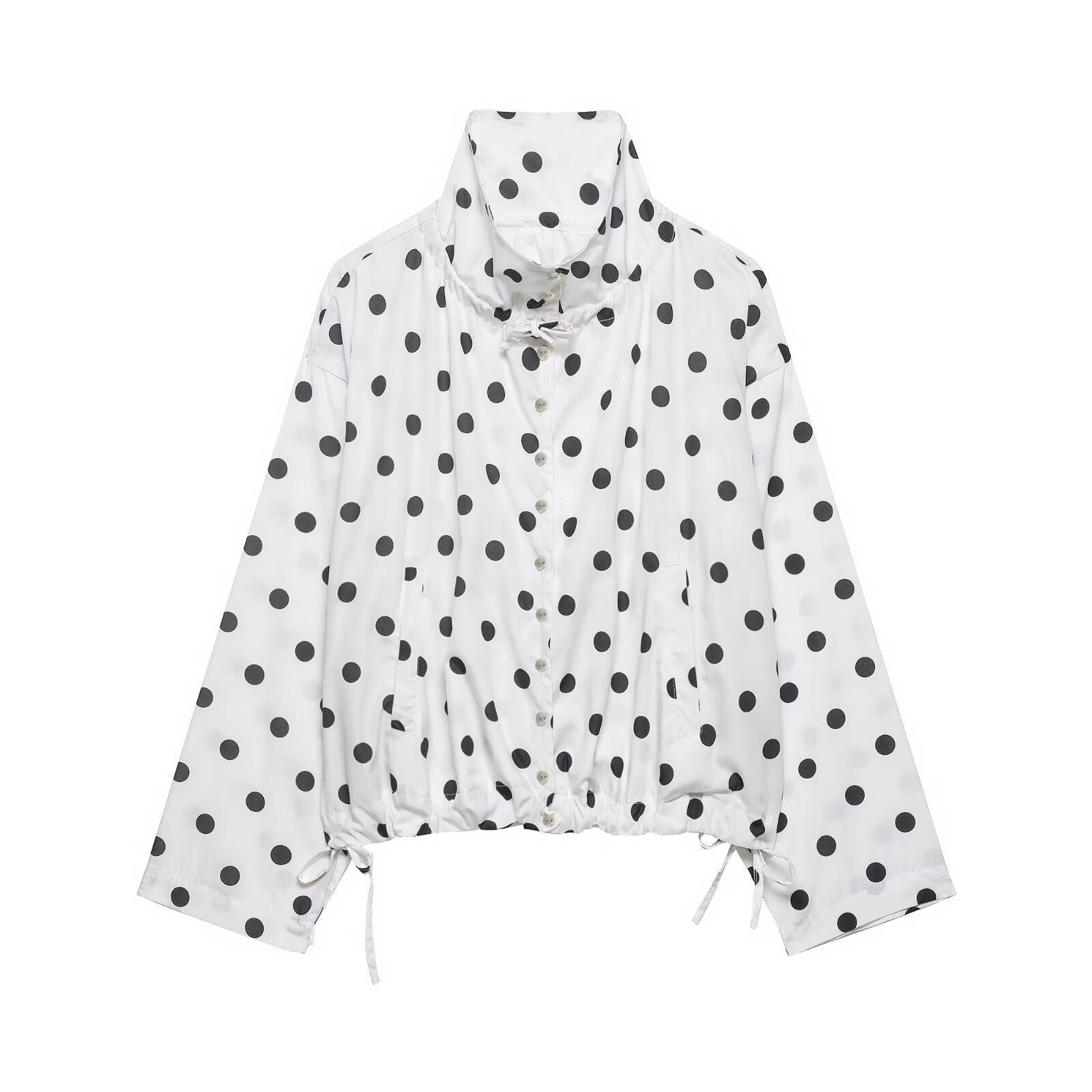 Women's Lightweight Polka Dot Windbreaker with Stand Collar, Drawstring and Button Placket Chichicherry