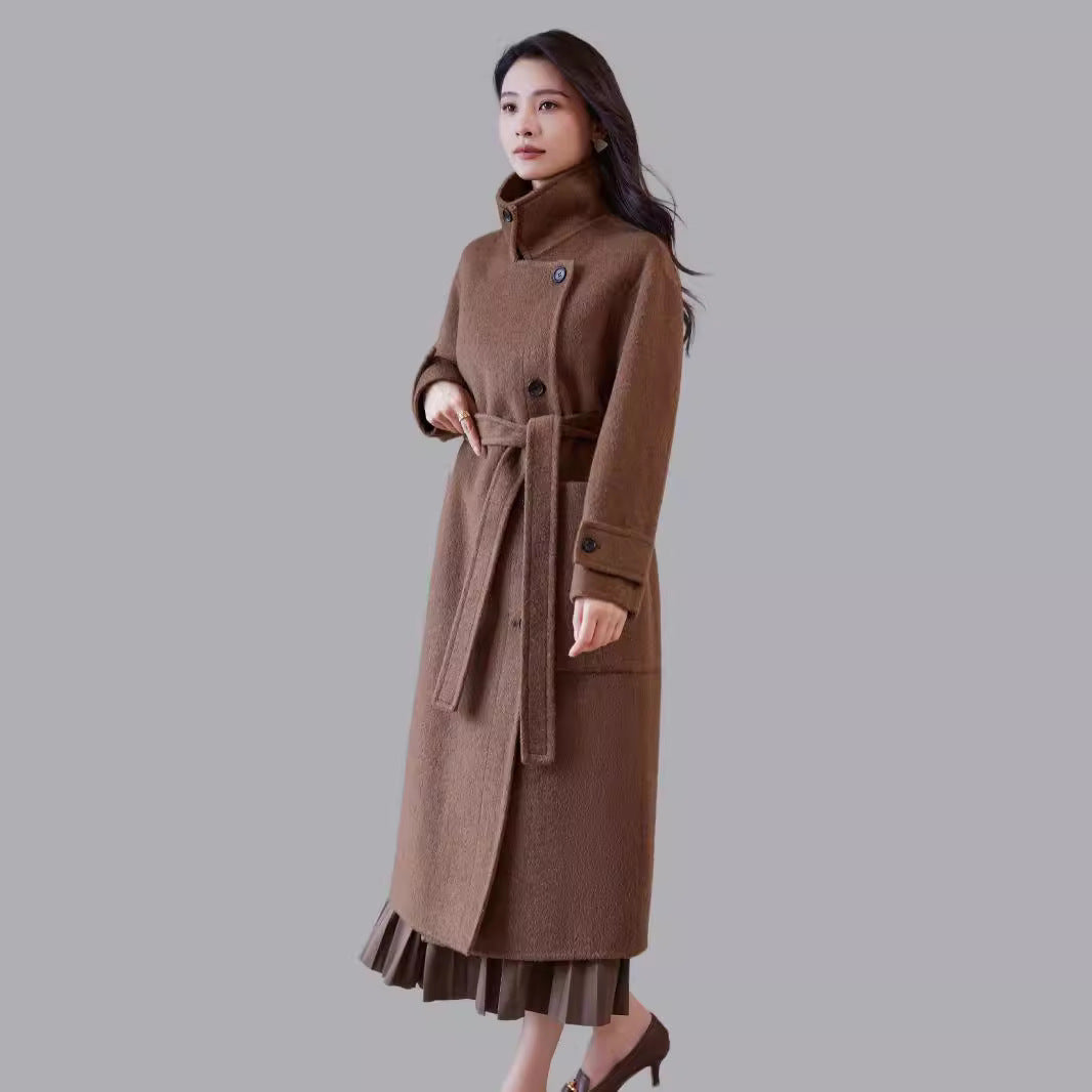 Women's Oversized Wool Coat with Belt and Wide Lapels Chichicherry