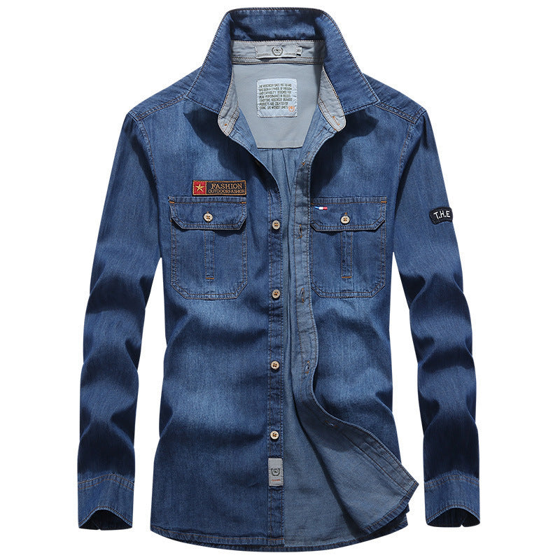 Men's denim shirt in worker-trucker style with chest flap pockets Chichicherry