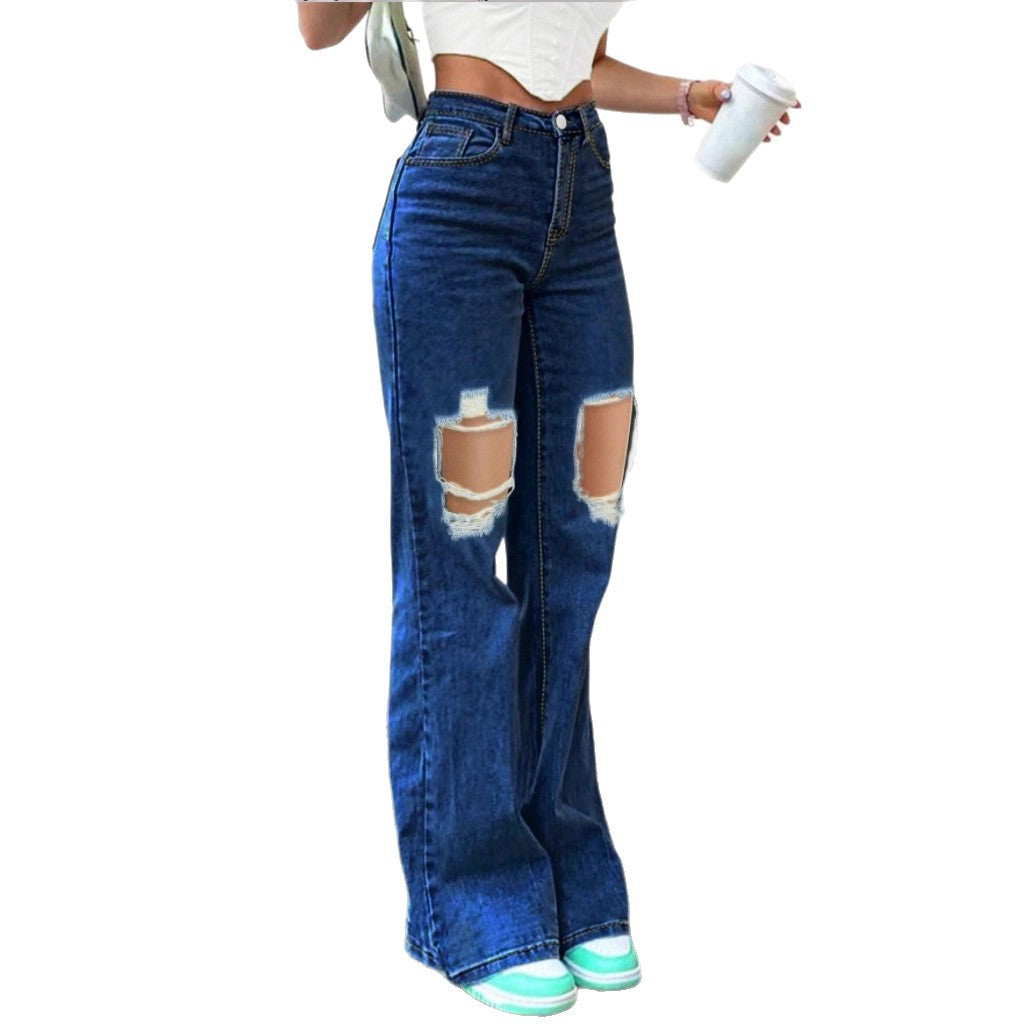 Ladies High-Waist Flared Jeans in Retro Bootcut with Knee-High Cut-Outs and Five-Pocket Design Chichicherry