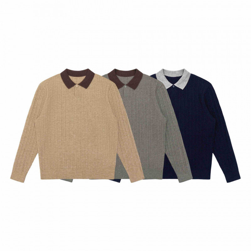 Men's Long-Sleeved Polo Sweater made of fine rib knit with contrasting collar Chichicherry