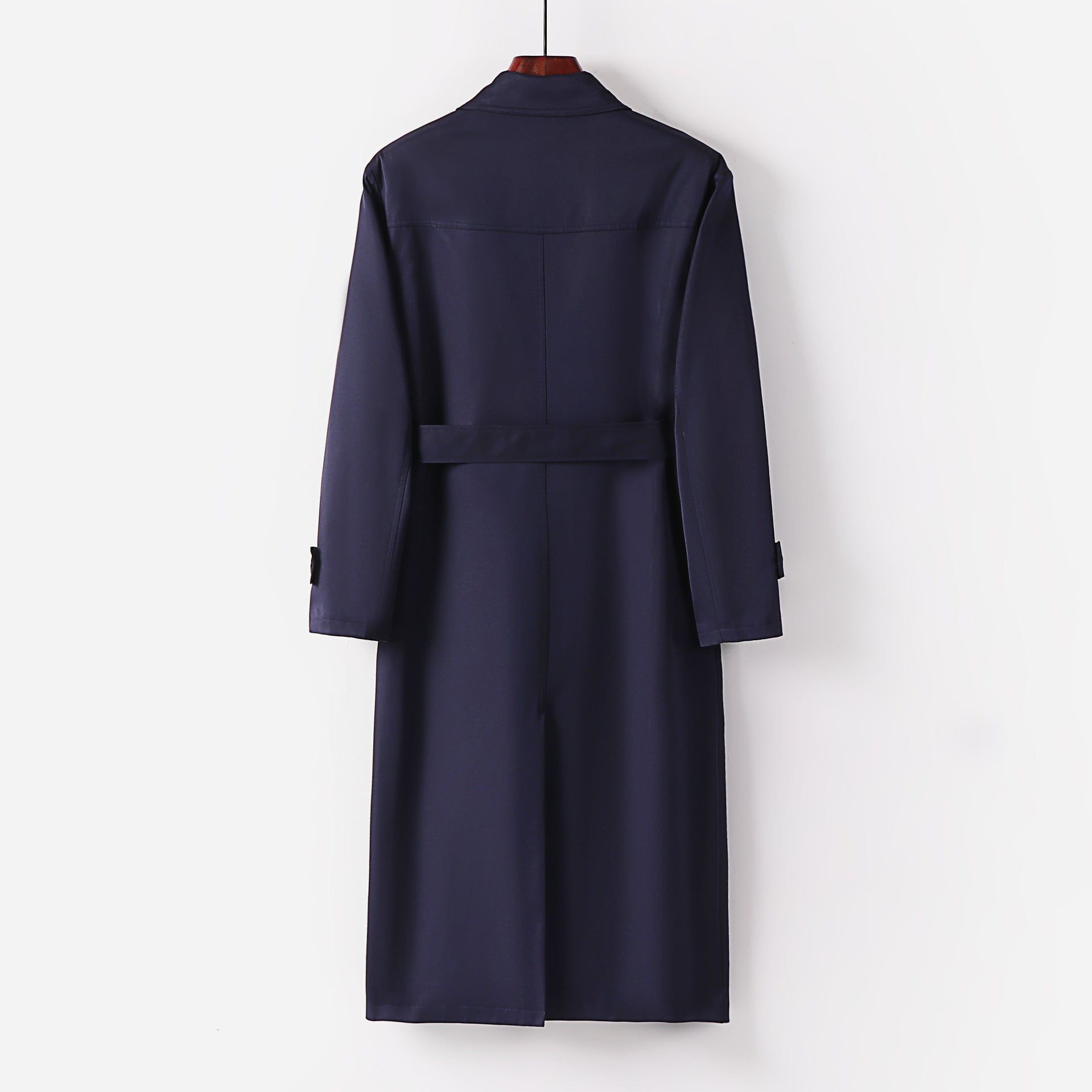 Men's Long Cut Double-Breasted Trench Coat with Waist Belt and Decorative Ring Detail Chichicherry