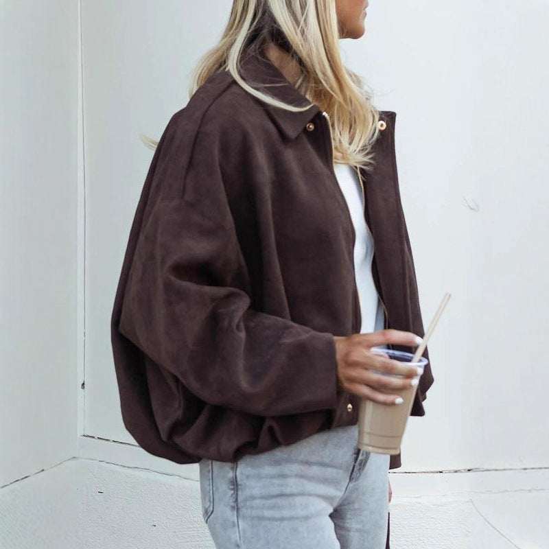 Women's short-cut bomber jacket in suede look with dropped shoulders, epaulettes, and elastic hem Chichicherry