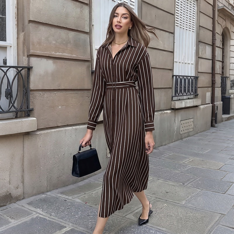 Women's Shirt Dress with Waist Belt and Vertical Pinstripe Chichicherry