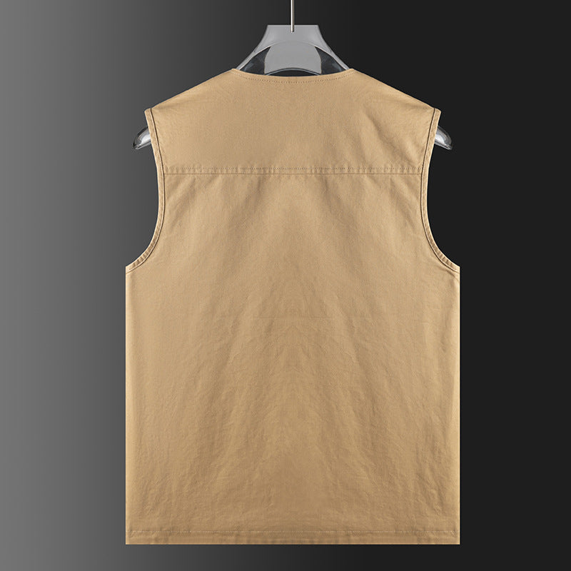 Men's Sleeveless Utility Vest with V-Neck, Cotton Canvas, Button Placket and Large Front Pockets Chichicherry