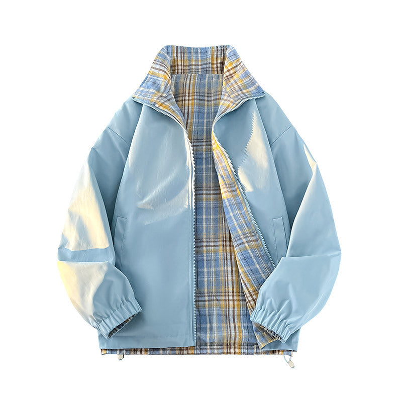 Unisex Reversible Utility Jacket with checked lining, stand-up collar and elastic cuffs Chichicherry