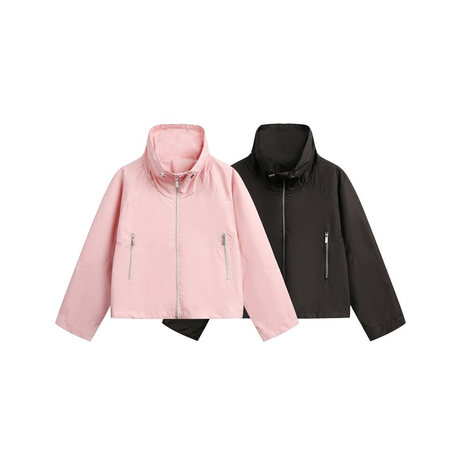 Women Lightweight Cropped Transition Jacket with High Stand Collar and Zipper Pockets Chichicherry