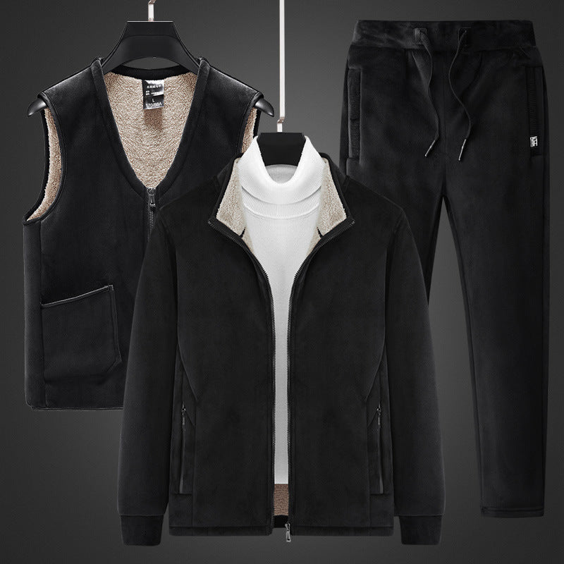 Men's warming fleece three-piece set with zip jacket, teddy vest, and joggers Chichicherry