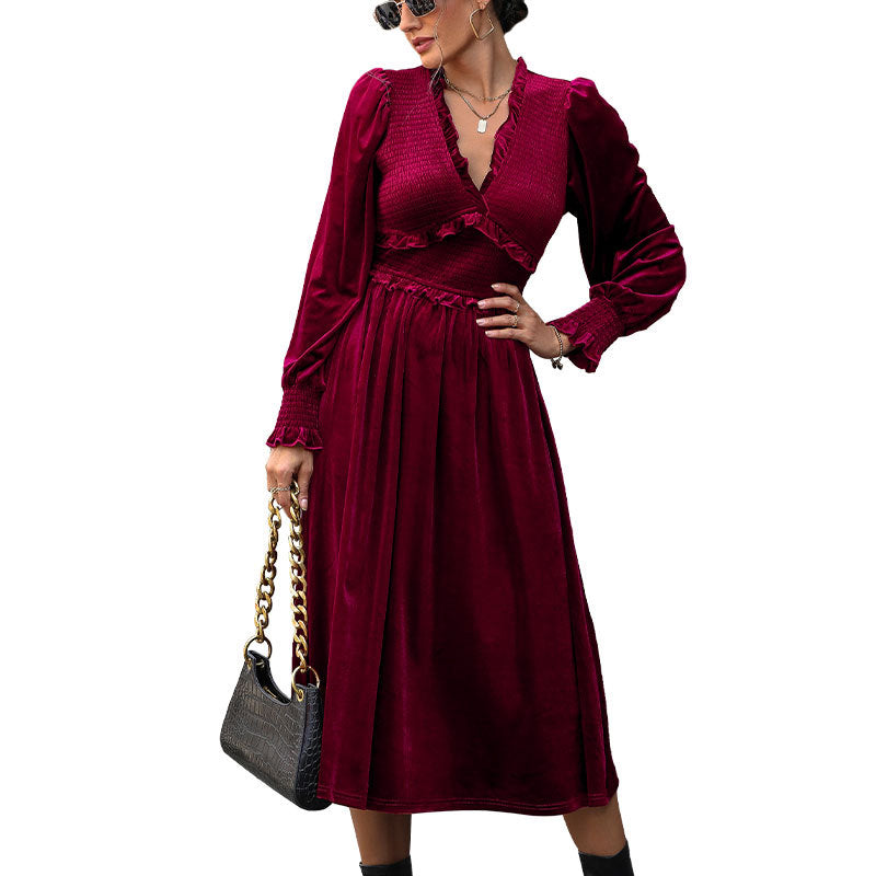 Women's Velvet Midi Dress with Gathered Smock Top, V-neck and Ruffles