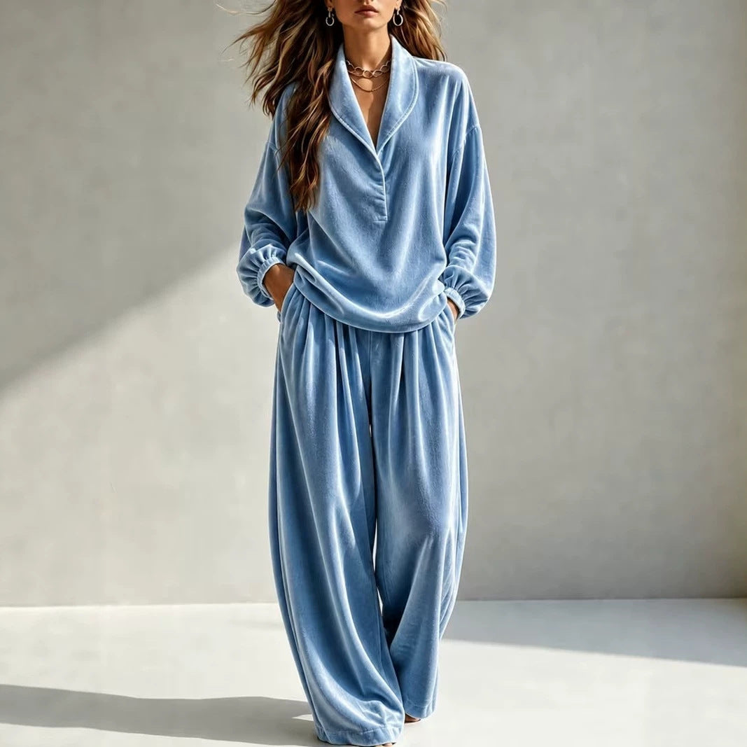 Damen Luxuriöses Velours-Loungewear-Set mit Schalkragen und weiter Palazzo-Hose Chichicherry