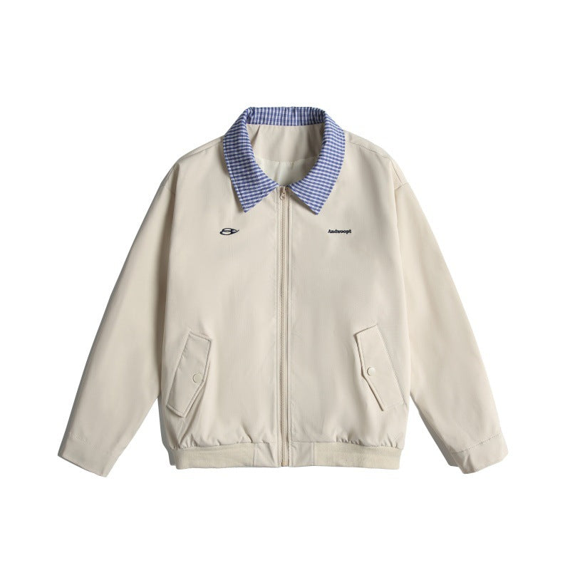 Men's Lightweight Harrington Bomber Jacket with Checkered Shirt Collar and Flap Pockets Chichicherry