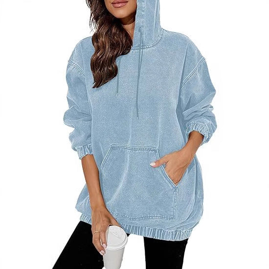 Women's Oversize Hooded Sweatshirt made of Washed Denim Fabric with Kangaroo Pocket Chichicherry