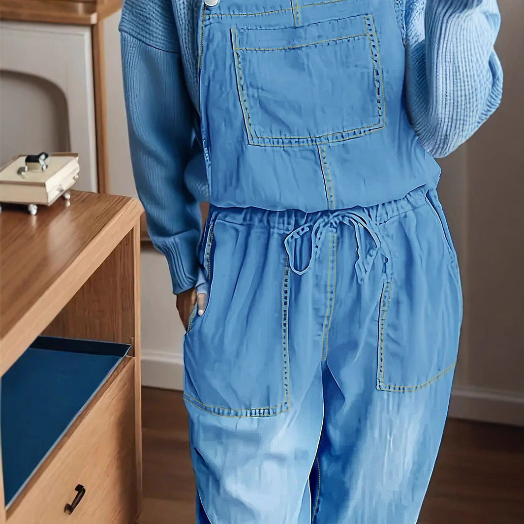 Women's Casual Denim Overall with Drawstring Waist and Patch Pockets Chichicherry