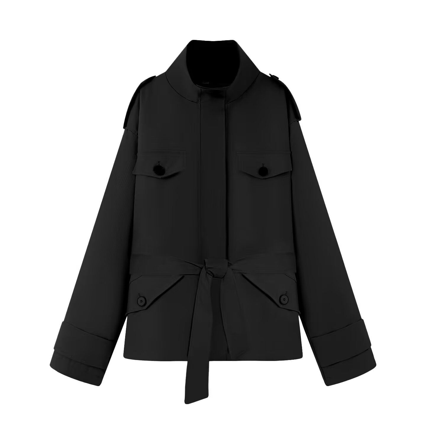 Women's Short Jacket in Utility Style with Waist Belt and Flap Pockets Chichicherry